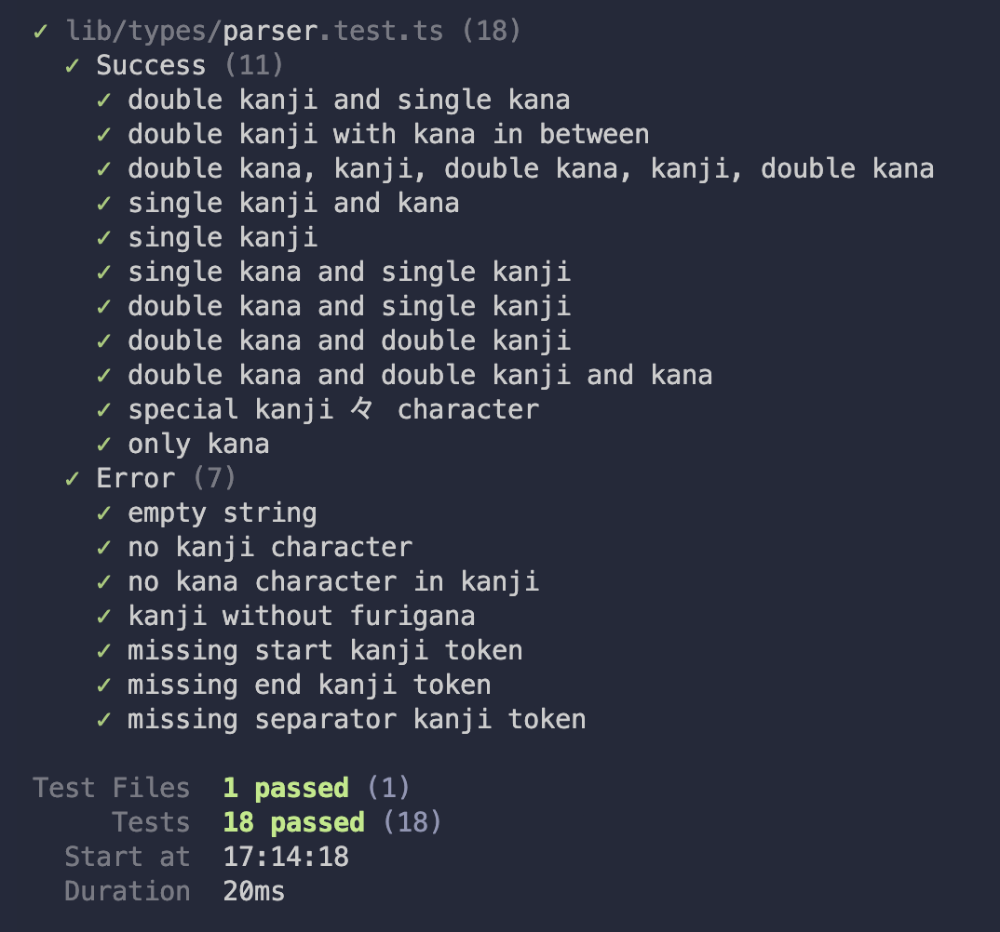 All tests are passing for some general cases of both success and error when parsing