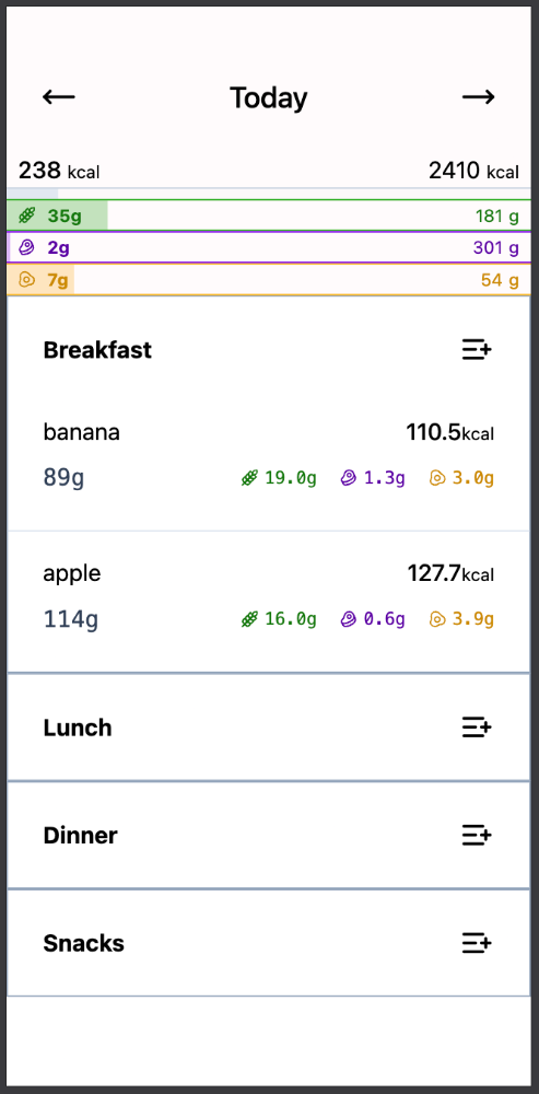 Screenshot of the app showing your daily meal plan and the servings added for each meal.