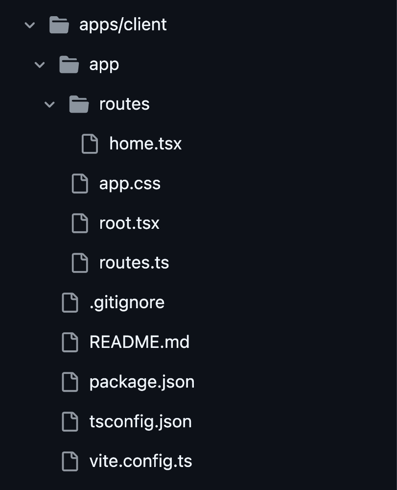 Initial minimal client app structure, containing only a single route and the main configuration files for layout and styles.