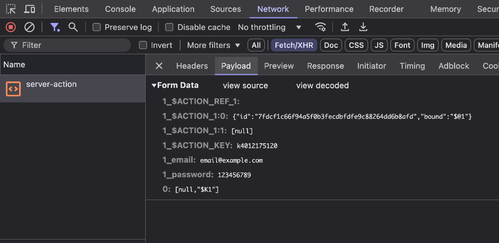 When submitting the form a POST request is sent to the server. The function parameters and metadata are sent as part of the RPC request to execute the api on the server.