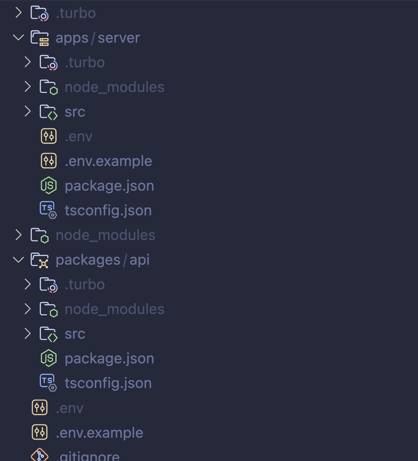 Example of monorepo setup. The shared "packages/api" contains the previous API definition. "apps/server" imports "packages/api" to define the implementation of the API.