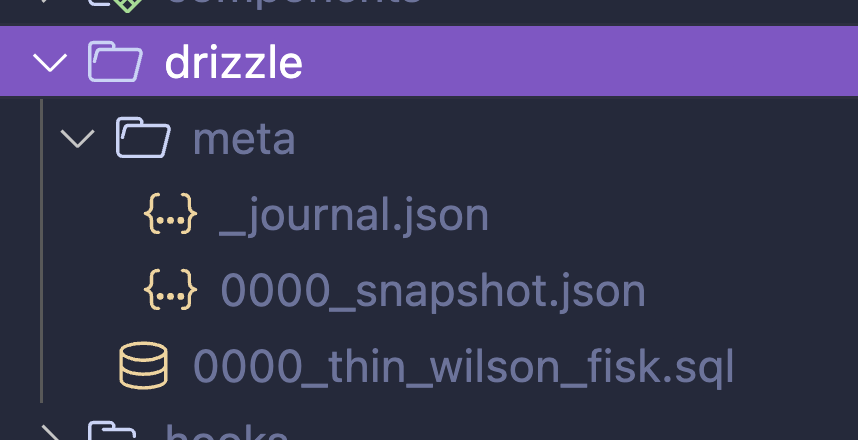 drizzle folder generated, containing the migration files as .sql, as well as other metadata.