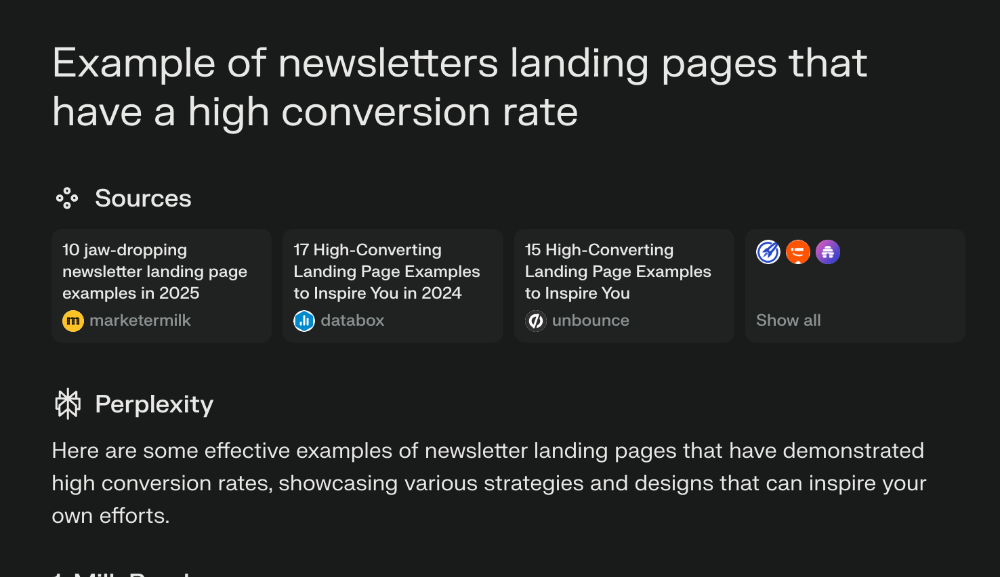 Example of search that is more suited for Perplexity: examples of landing pages