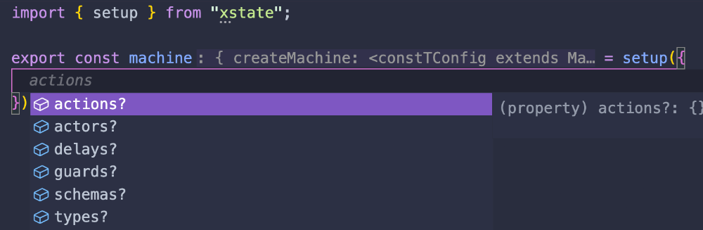 actions, actors, delays, guards, schemas, types definitions inside setup