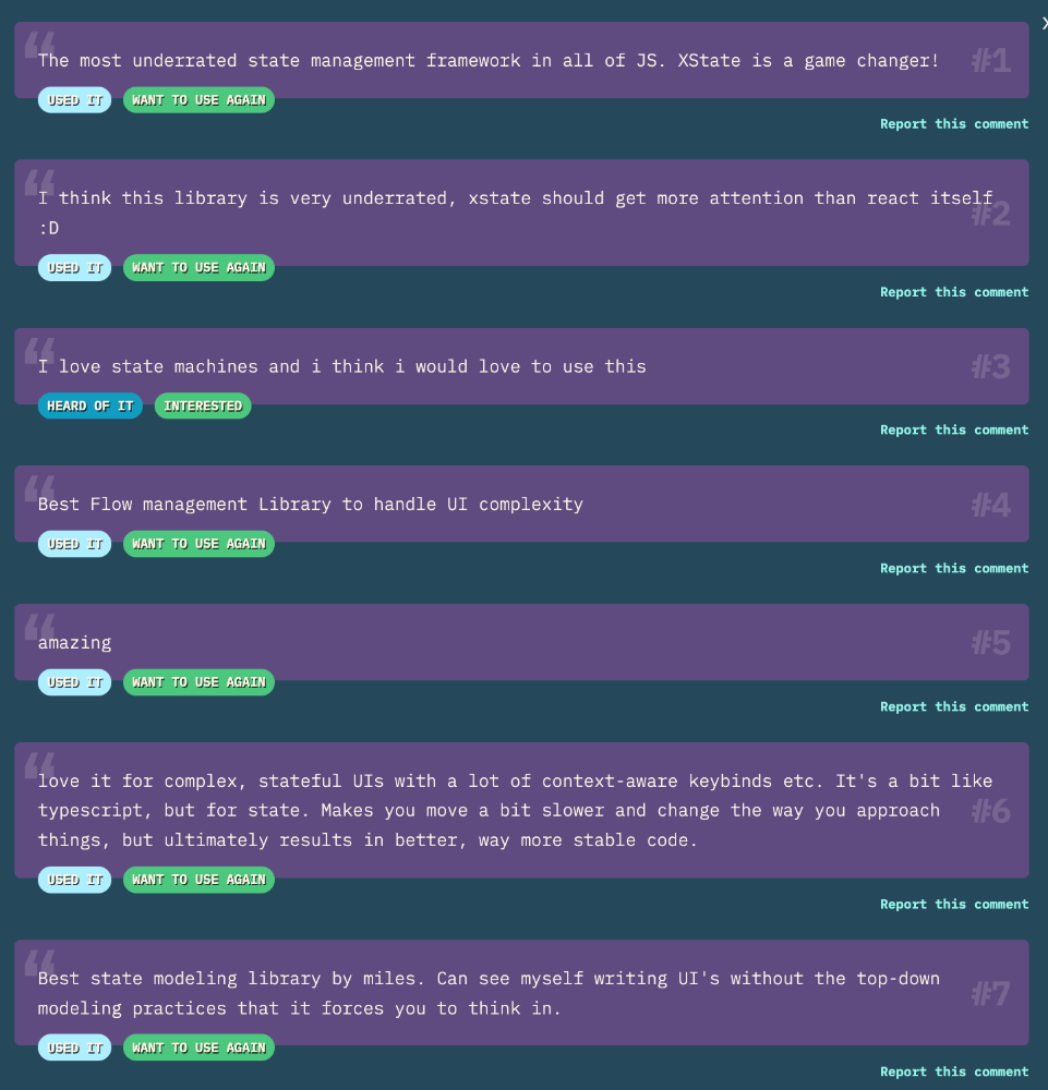 Some overwhelmingly positive comments about XState in the latest State of React survey