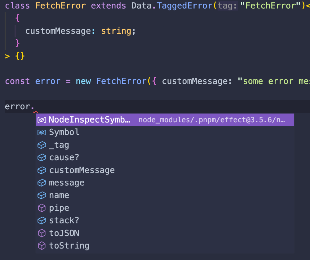 Data.TaggedError collects more information about the error like cause and stack, as well as custom properties we defined like "customMessage"