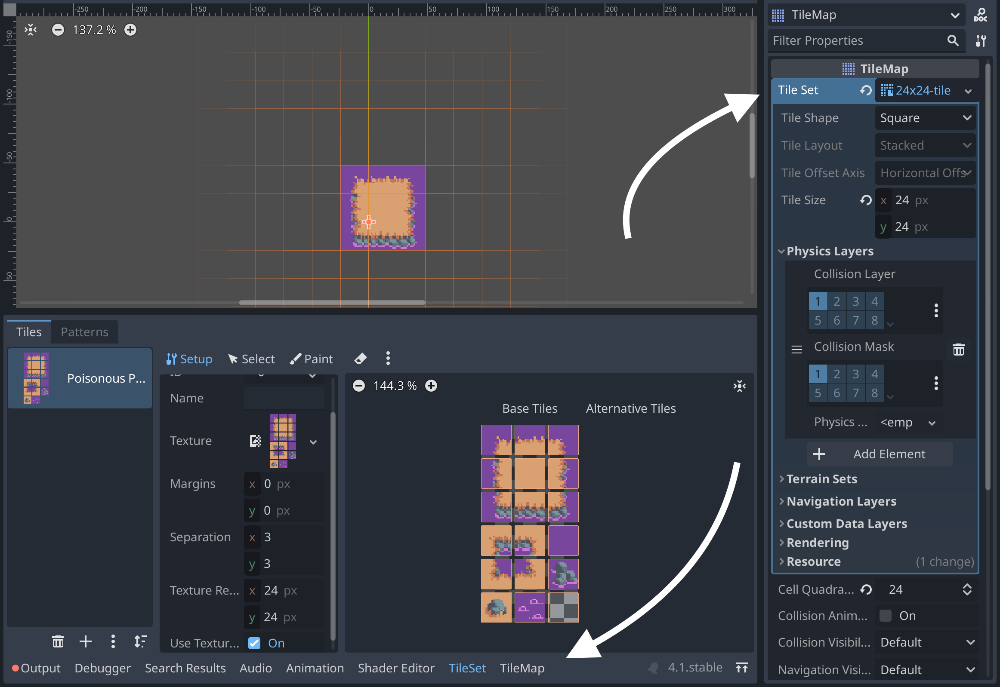 Example of a complete setup of Tilemap and Tileset in Godot, with a tile size of 24 pixels