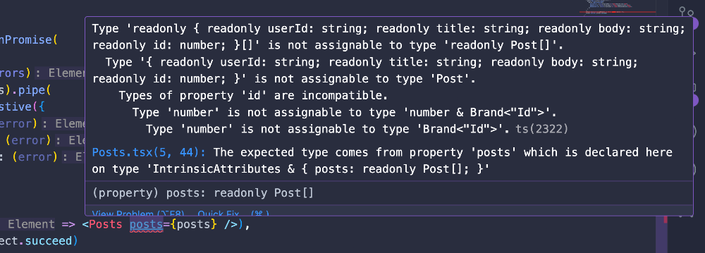 The encoded type lost the brand, so it is not assignable anymore to the Post type expected as prop.