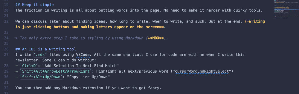 Here is a fresh screenshot of my VSCode as I am writing this newsletter. Some basic formatting and colors all around MDX.