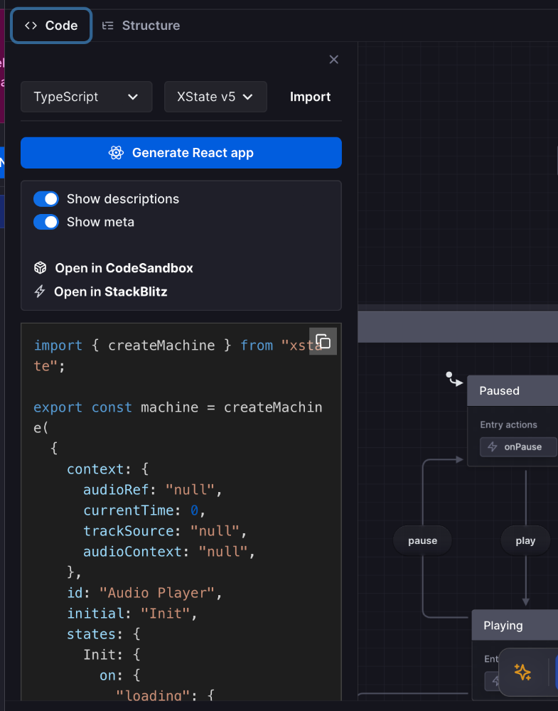 You can export the code implementation of the machine by clicking "Code" to open the left panel from the editor