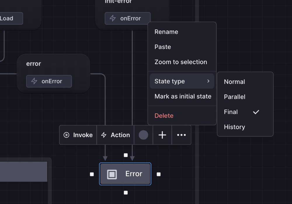 Select a state to open its options an mark it as final