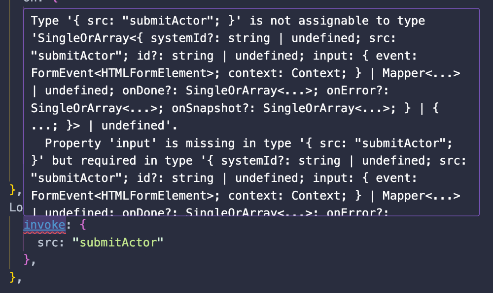 "invoke" reports a type error since a required input is missing.