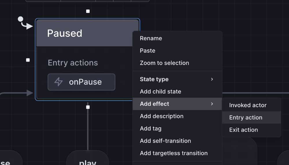 Right-click and add an entry or exit action from the options